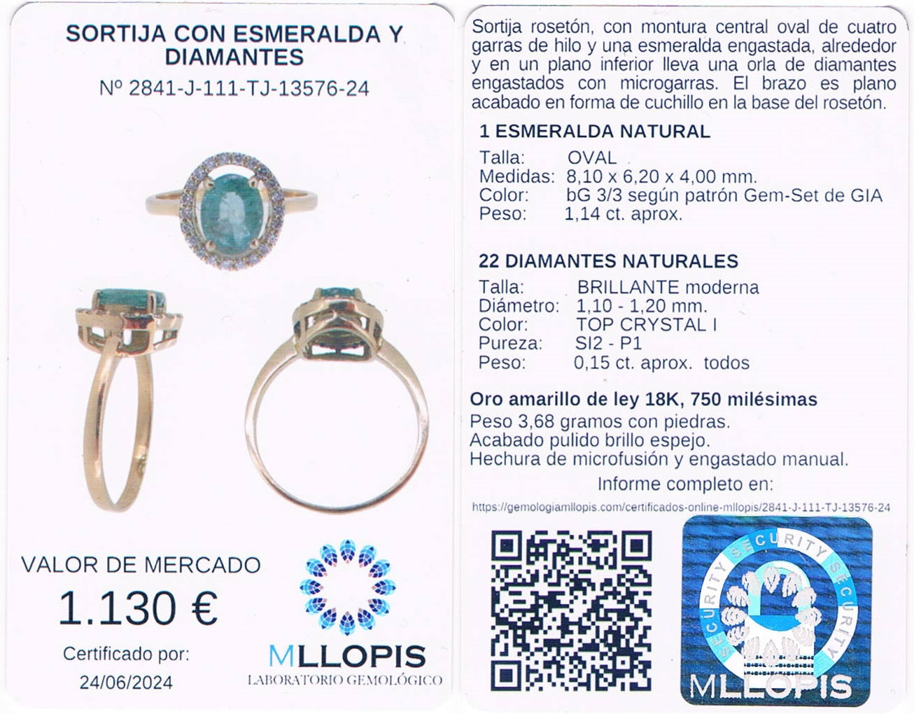 Certified 18KT Gold Solitaire Ring with 1.14ct oval cut natural emerald Weight: 3.68g