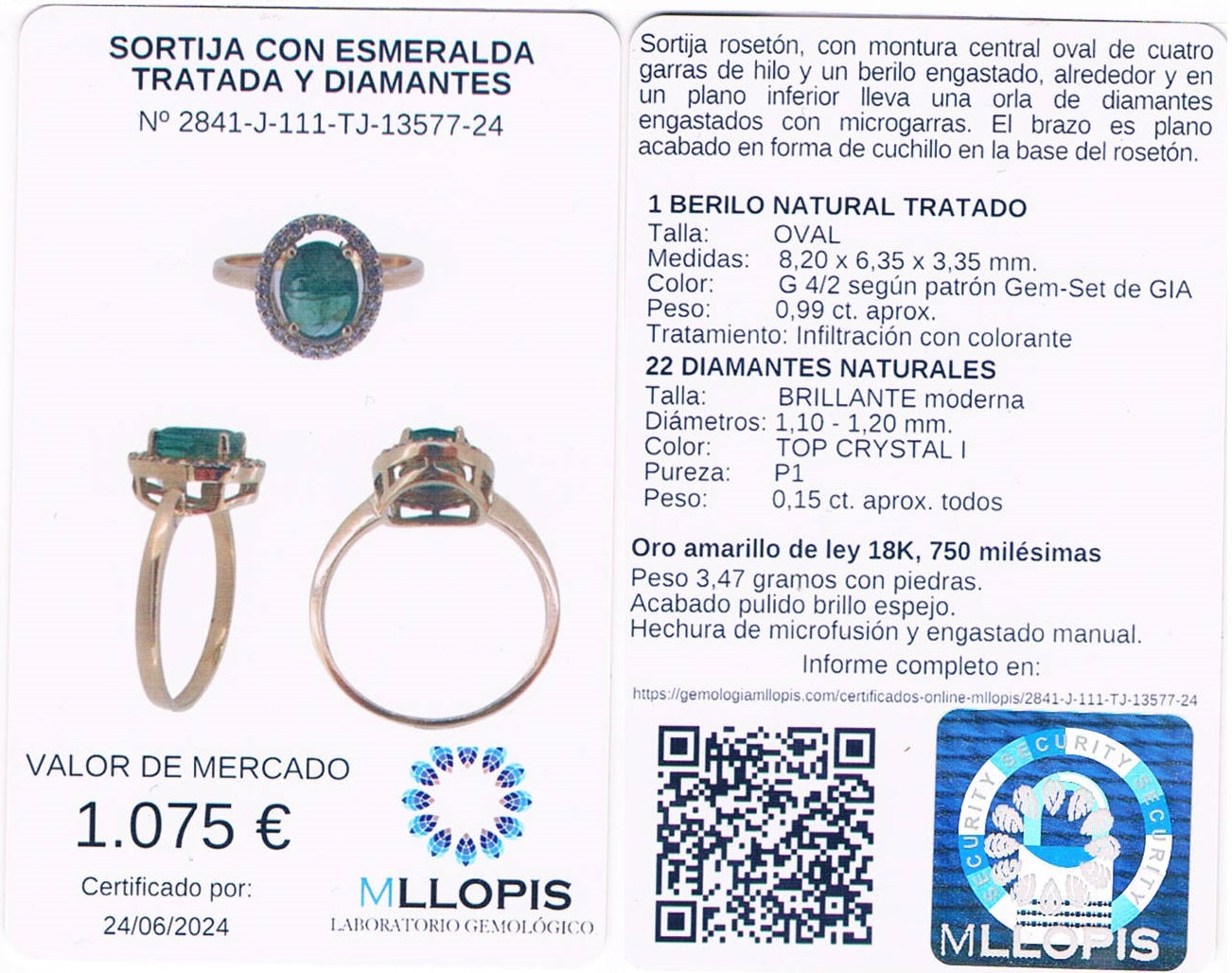 Certified 18KT Gold Solitaire Ring with treated natural emerald  Weight: 3.47 g