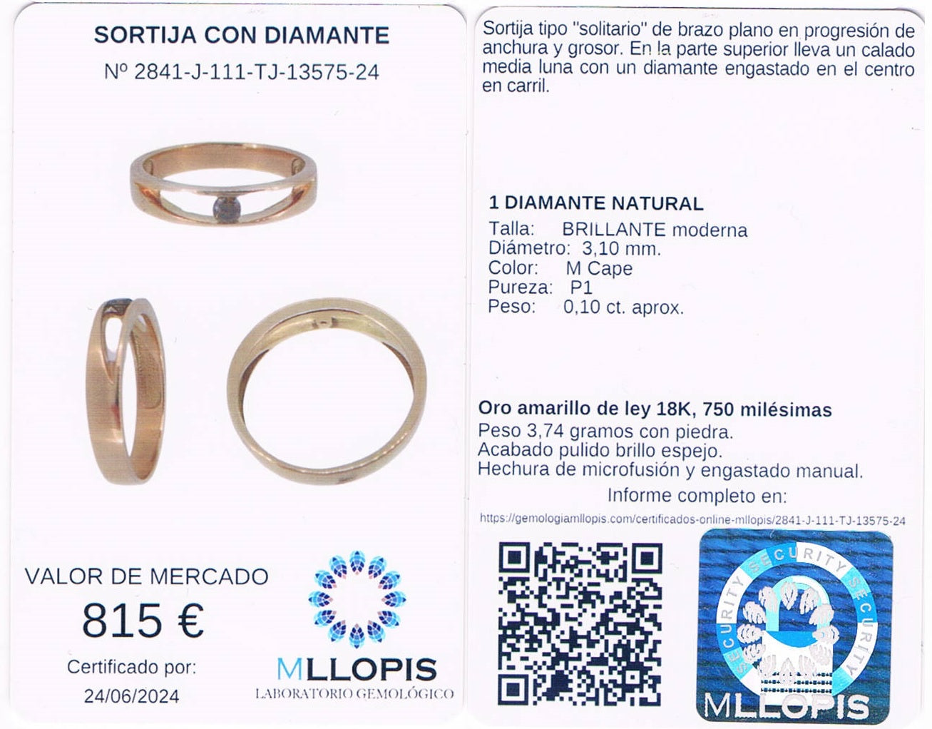 18kt  Yellow gold natural diamond solitaire Weight: 3.75g