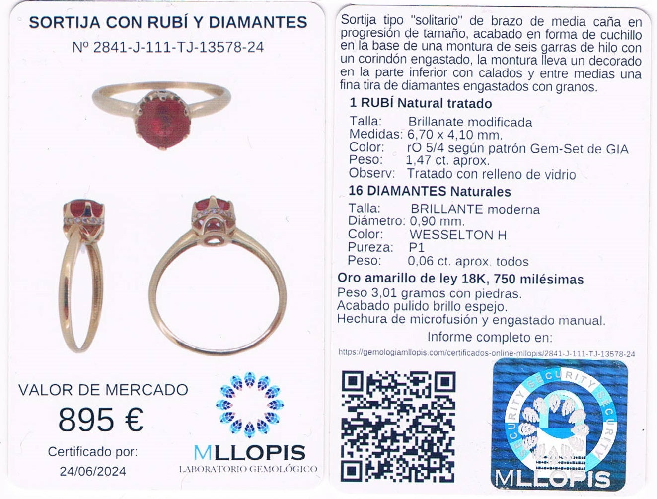 18kt yellow gold Treated natural ruby solitaire                    Weight: 3.01g